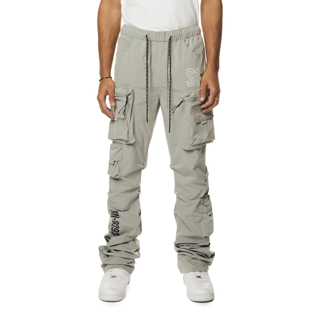 Smoke Rise Utility Cargo Stacked Windbreaker Pants - Light Grey