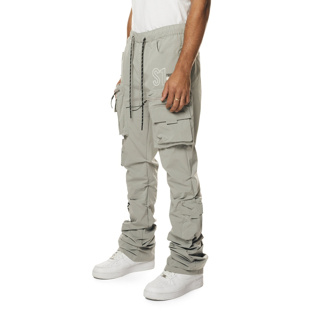 Smoke Rise Utility Cargo Stacked Windbreaker Pants - Light Grey