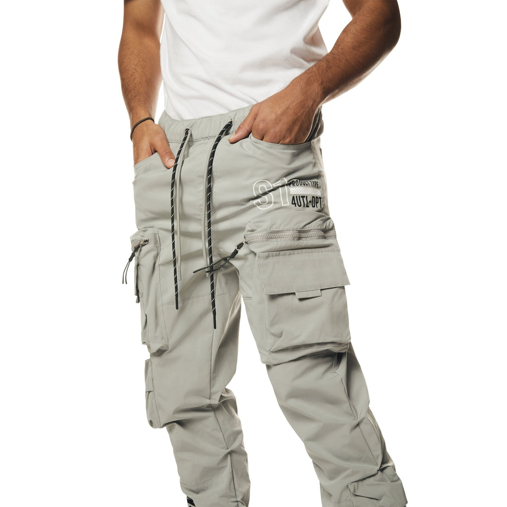 Smoke Rise Utility Cargo Stacked Windbreaker Pants - Light Grey