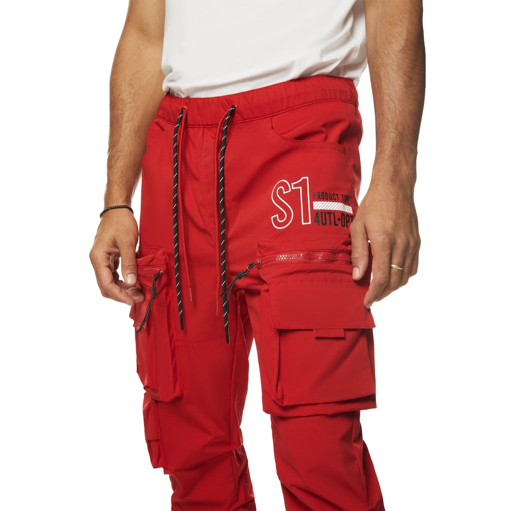 Smoke Rise Utility Cargo Stacked Windbreaker Pants - Red