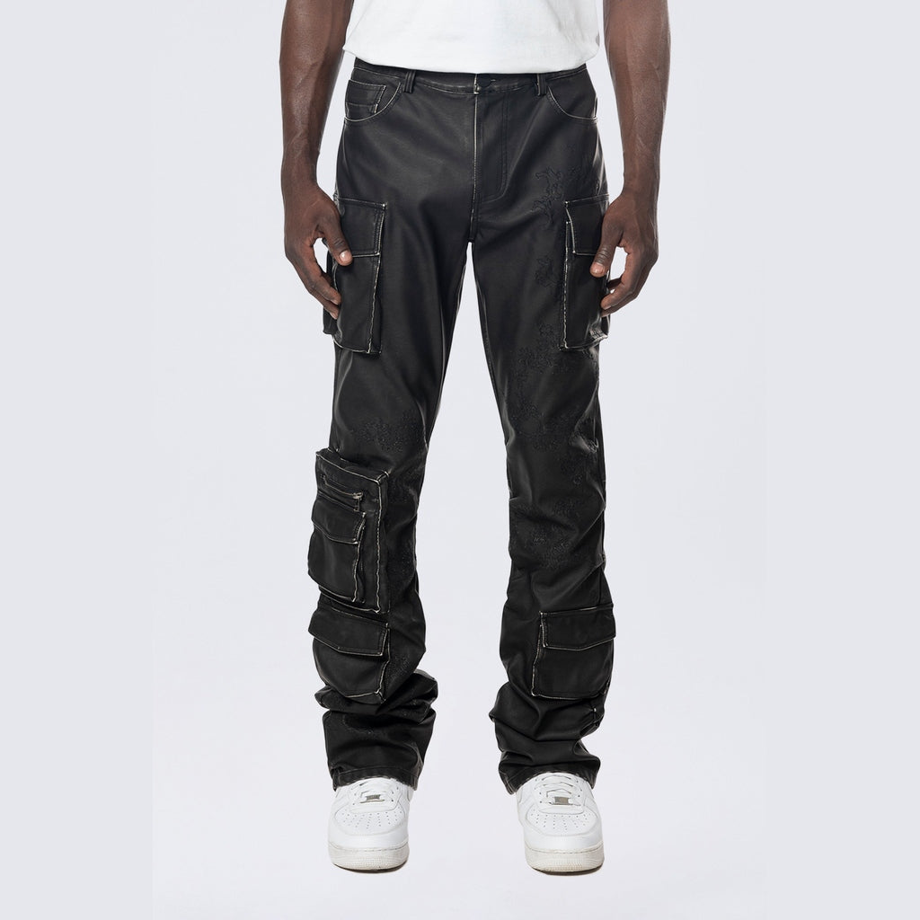 Smoke Rise Stacked Utility Washed Vegan Leather Pants - Washed Black