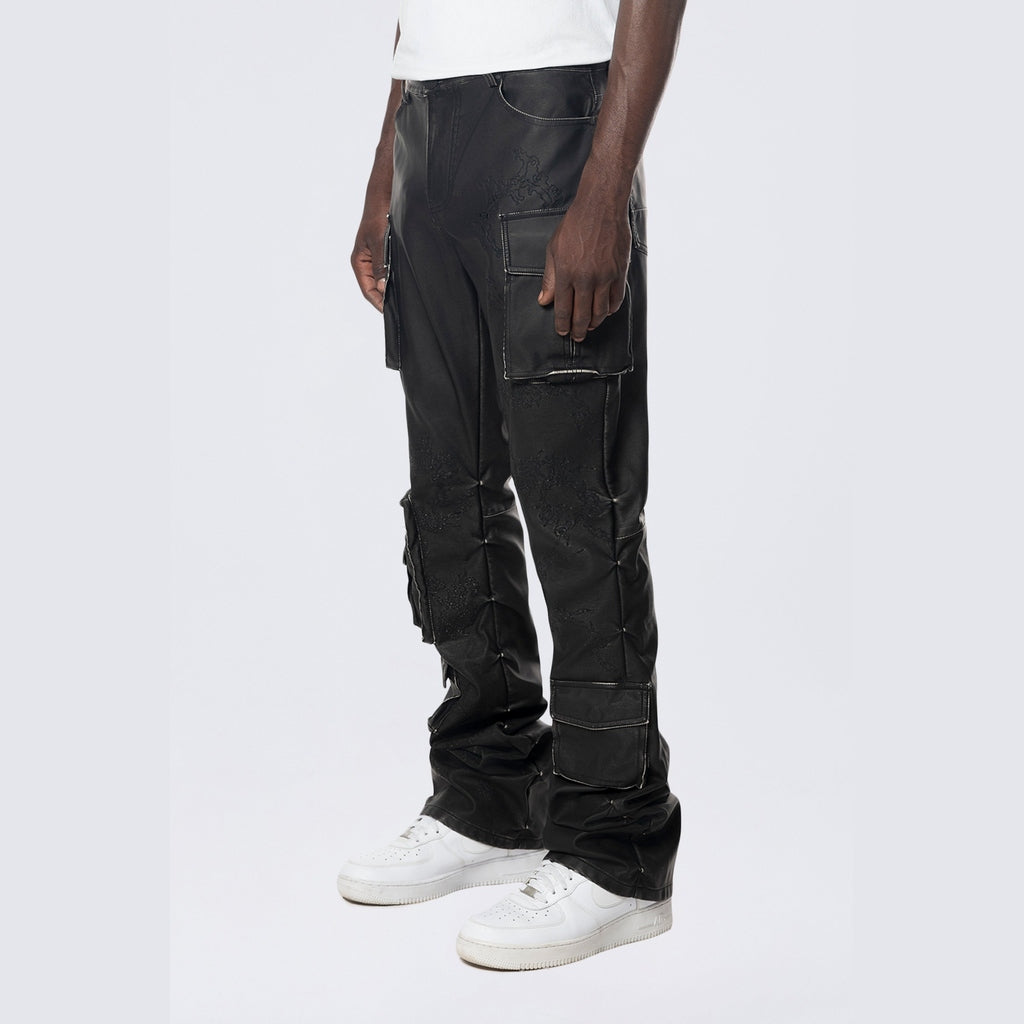 Smoke Rise Stacked Utility Washed Vegan Leather Pants - Washed Black