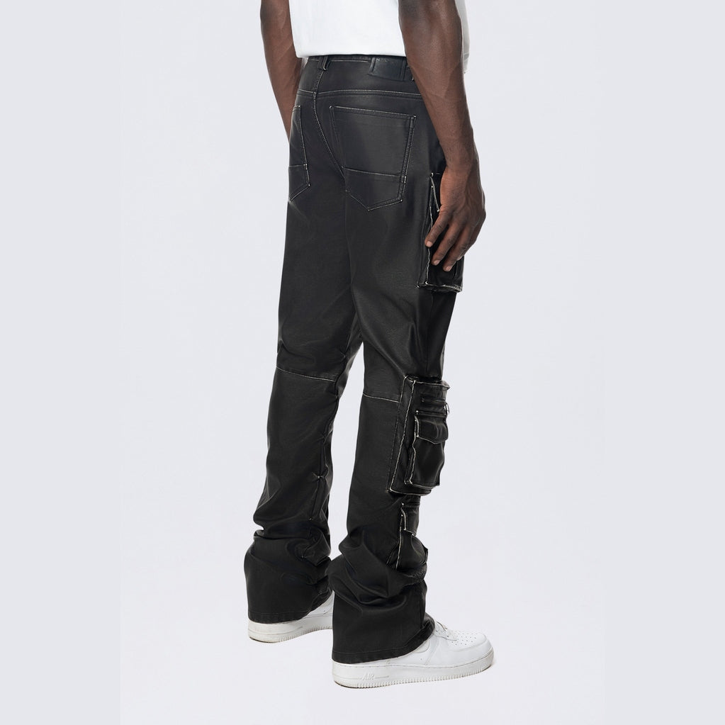 Smoke Rise Stacked Utility Washed Vegan Leather Pants - Washed Black