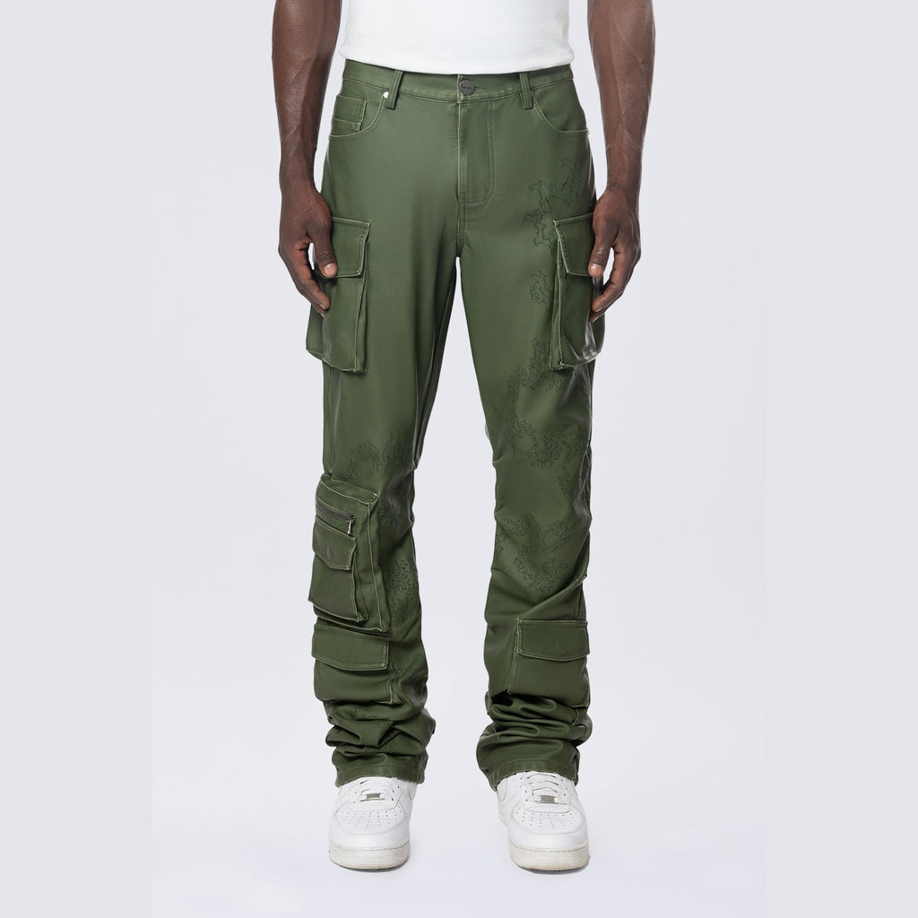 Smoke Rise Stacked Utility Washed Vegan Leather Pants - Washed Deep Olive