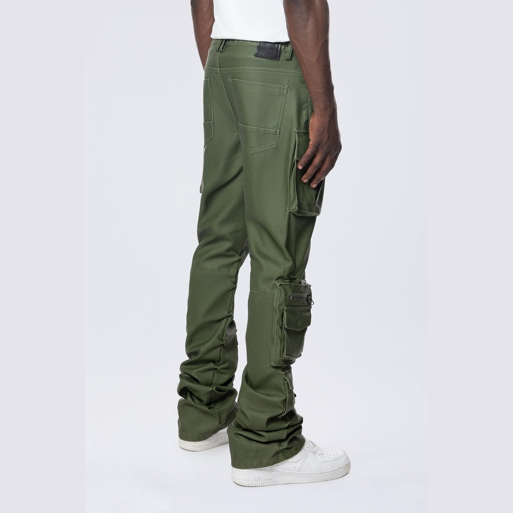 Smoke Rise Stacked Utility Washed Vegan Leather Pants - Washed Deep Olive