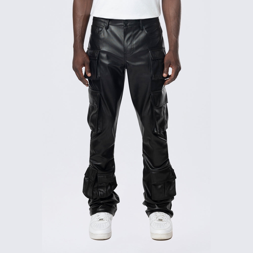 Smoke Rise Stacked Utility Vegan Leather Pants - Black