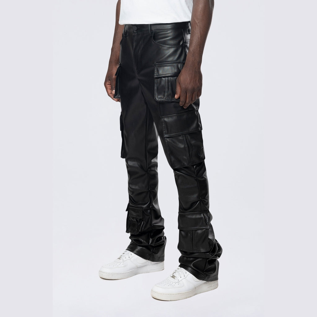 Smoke Rise Stacked Utility Vegan Leather Pants - Black