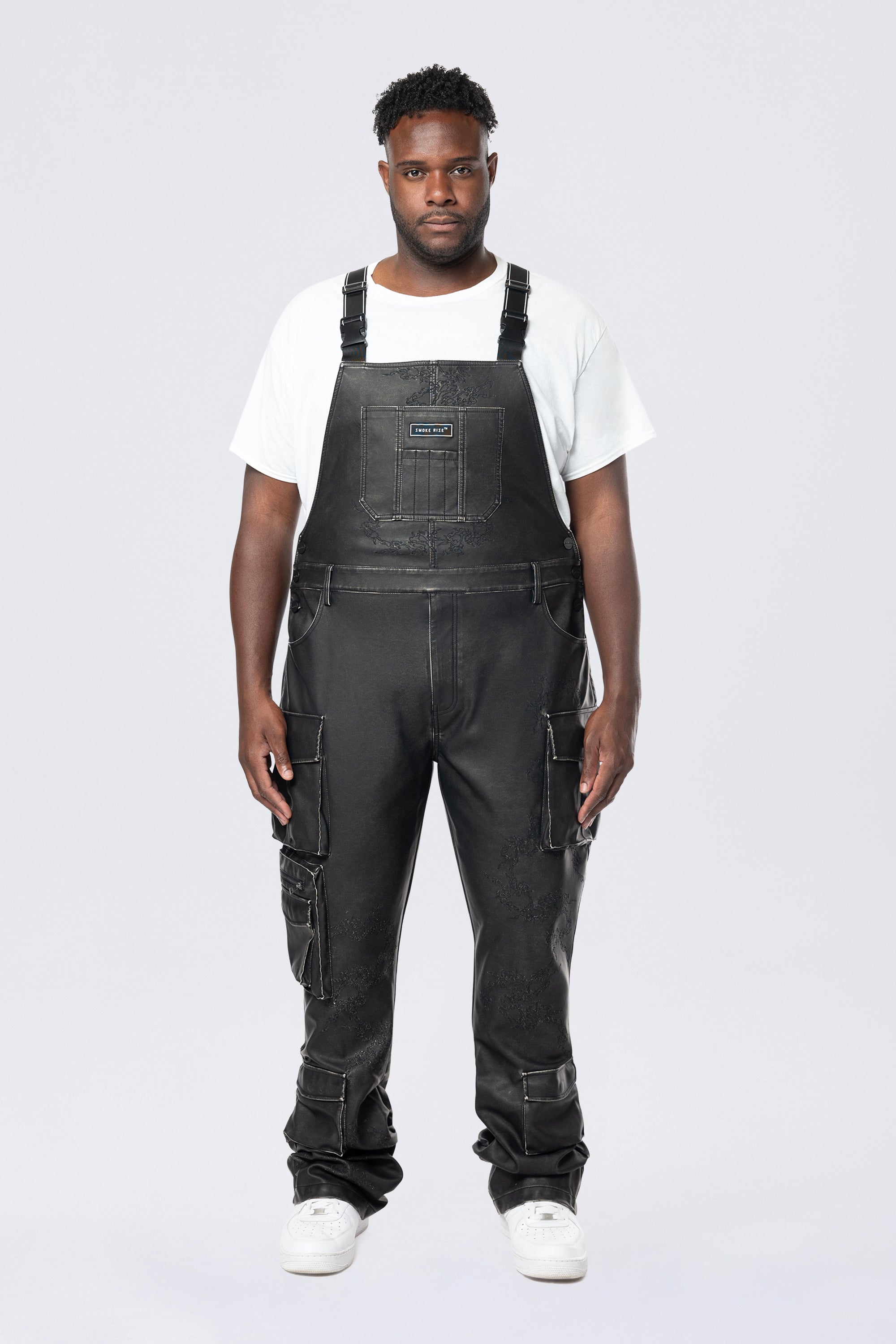 Big and Tall - Stacked Vegan Leather Overalls - Washed Black