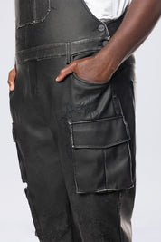 Big and Tall - Stacked Vegan Leather Overalls - Washed Black