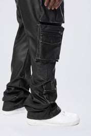 Big and Tall - Stacked Vegan Leather Overalls - Washed Black