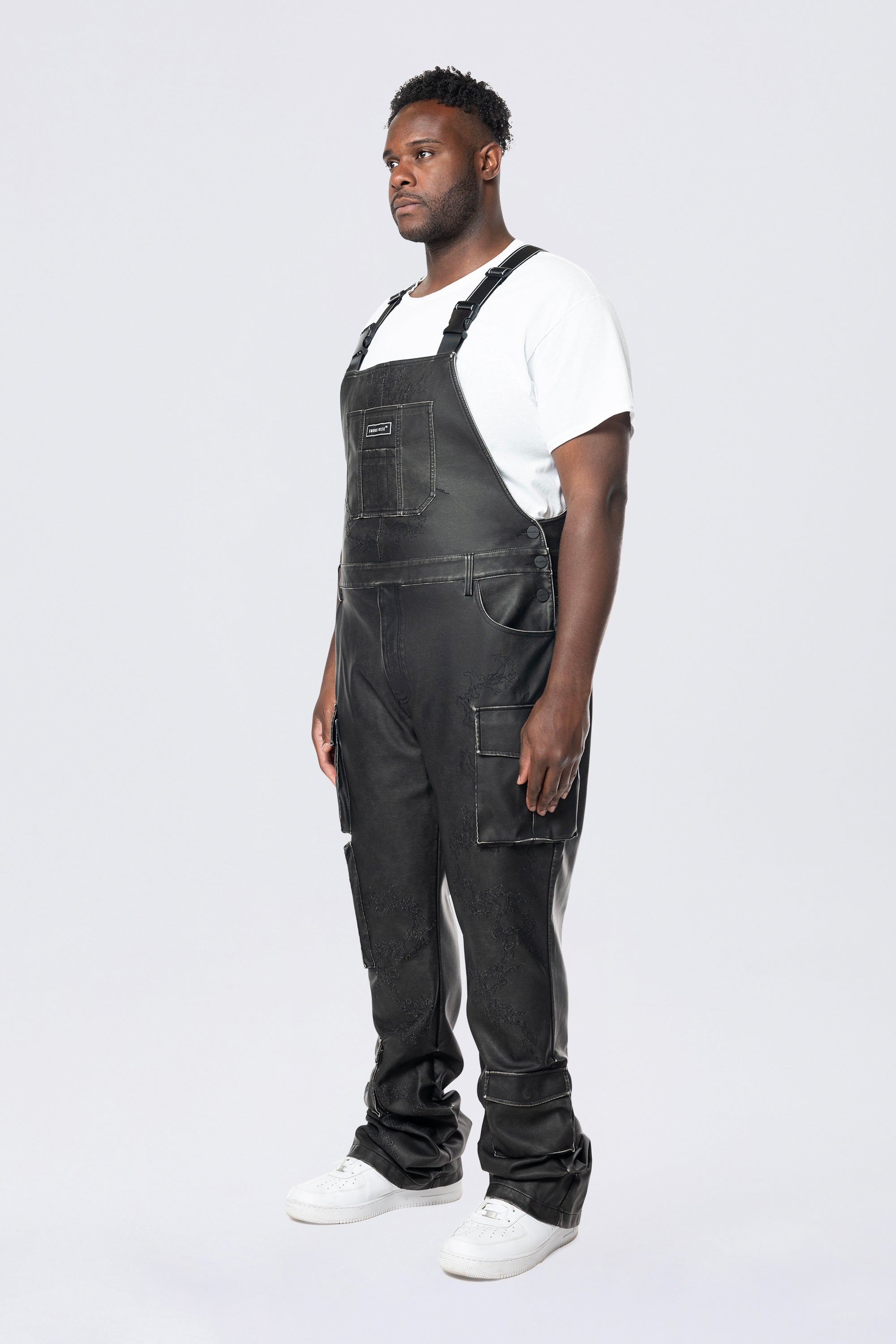 Big and Tall - Stacked Vegan Leather Overalls - Washed Black