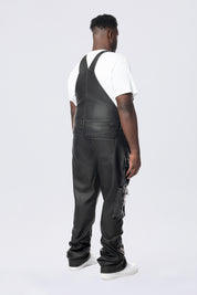 Big and Tall - Stacked Vegan Leather Overalls - Washed Black