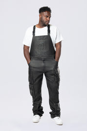 Big and Tall - Stacked Vegan Leather Overalls - Washed Black