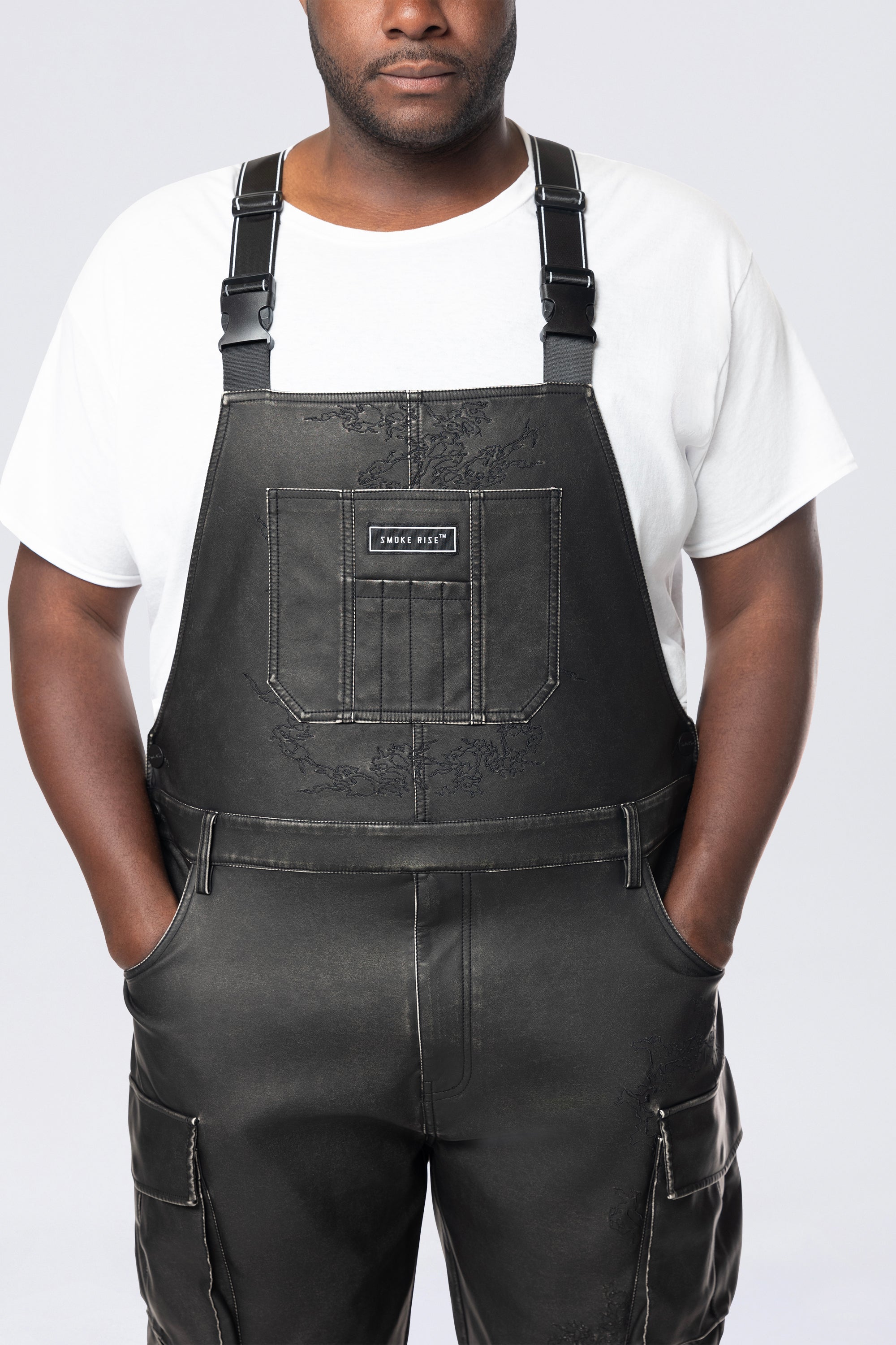 Big and Tall - Stacked Vegan Leather Overalls - Washed Black