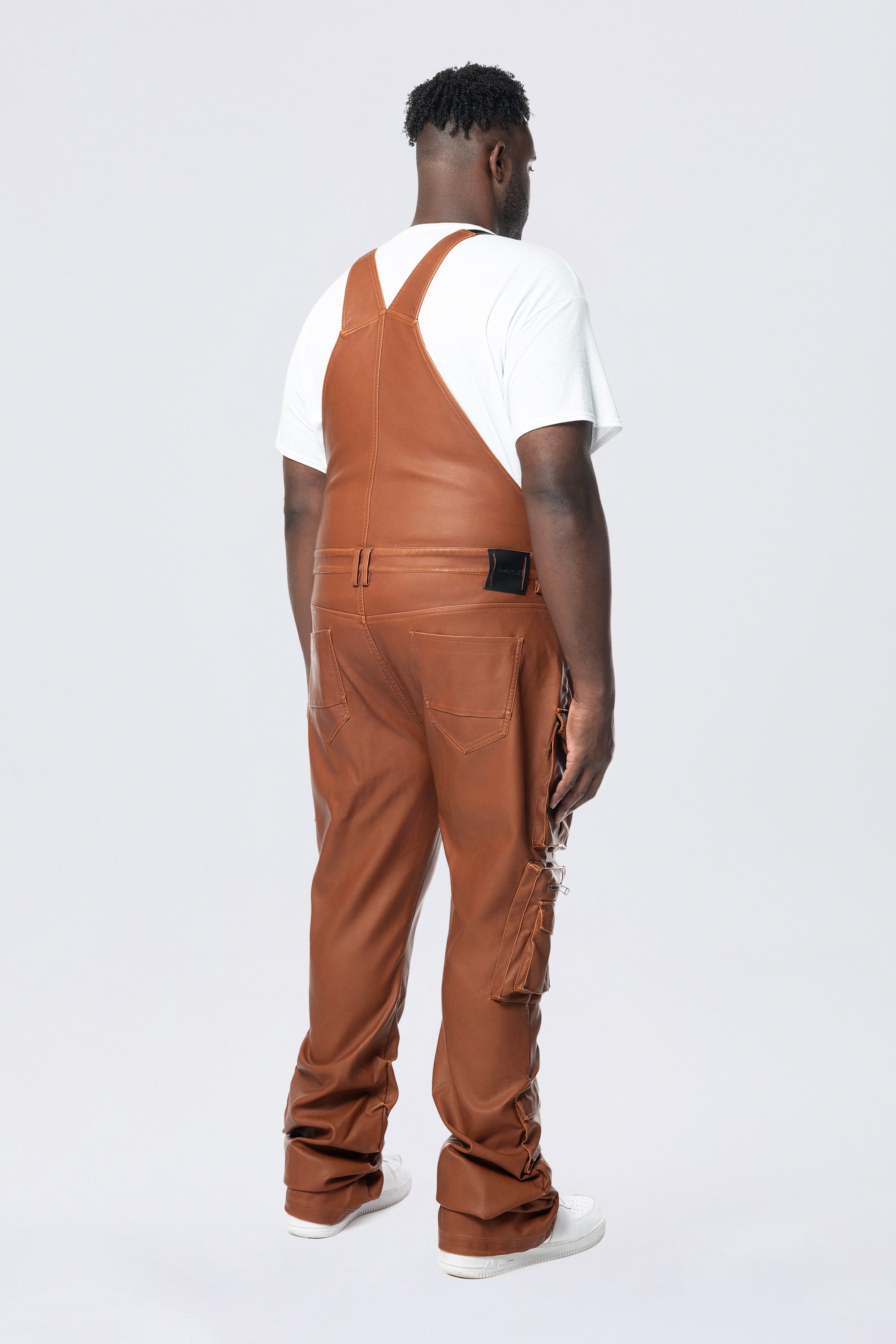 Big and Tall - Stacked Vegan Leather Overalls - Washed Brown