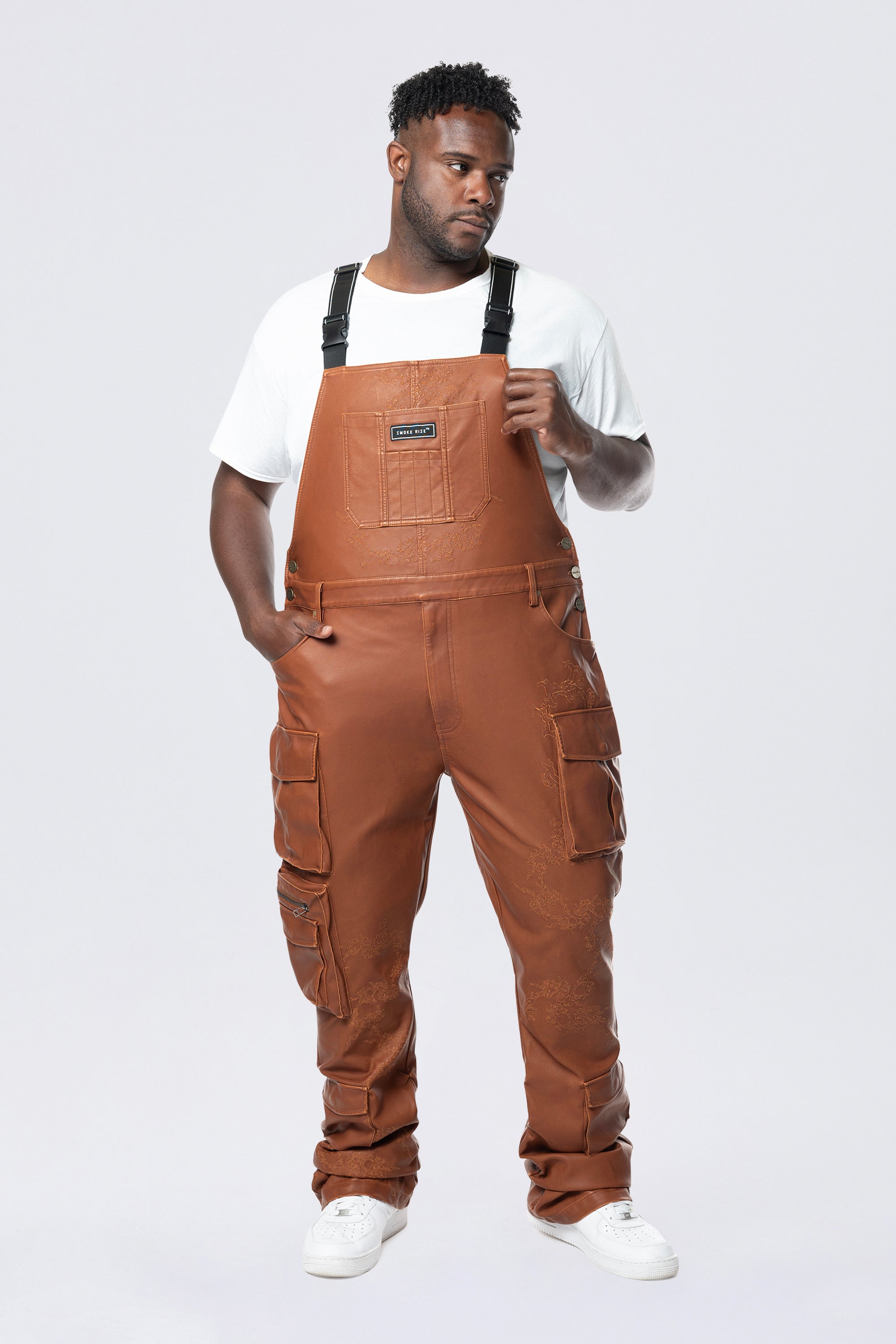 Big and Tall - Stacked Vegan Leather Overalls - Washed Brown