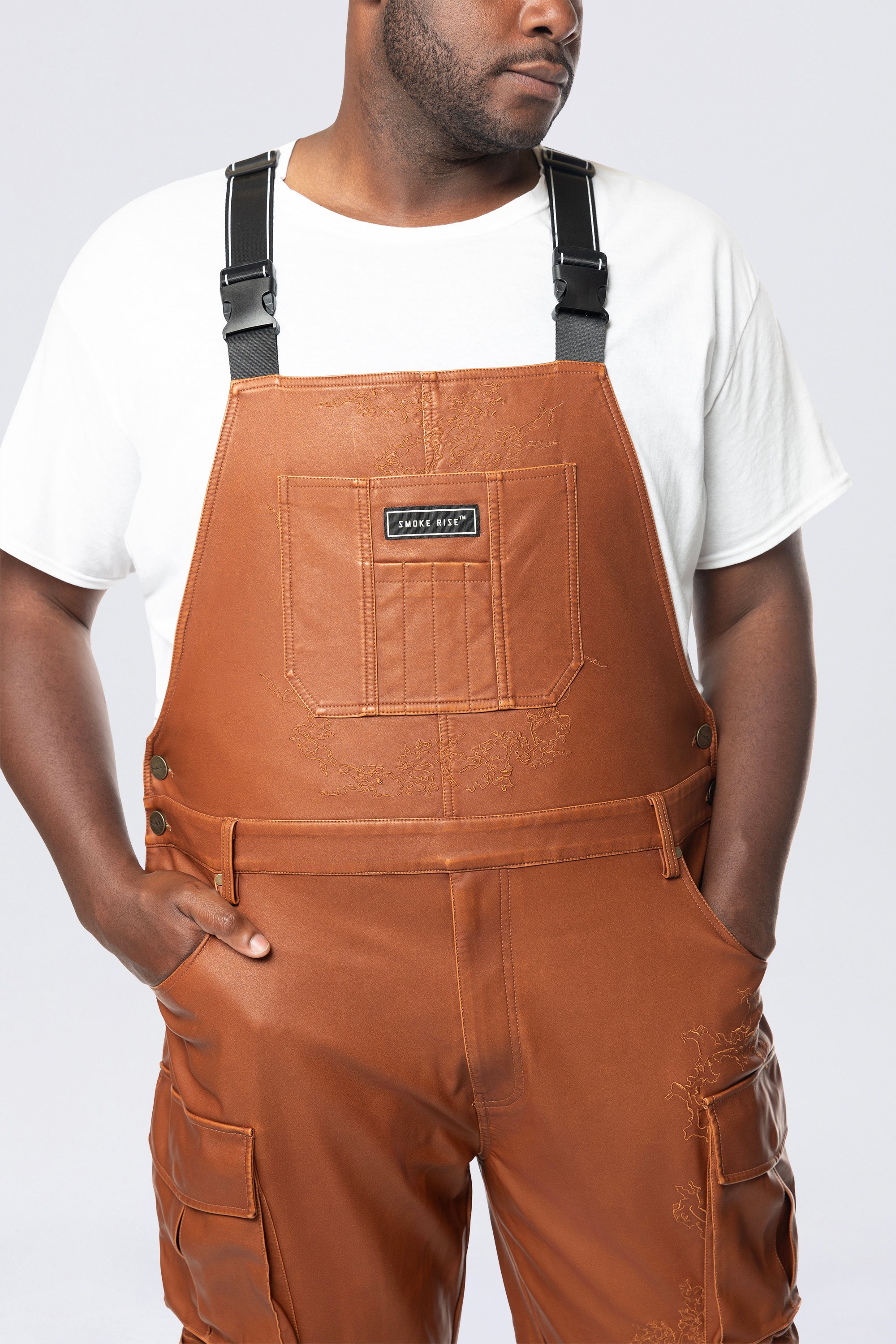 Big and Tall - Stacked Vegan Leather Overalls - Washed Brown