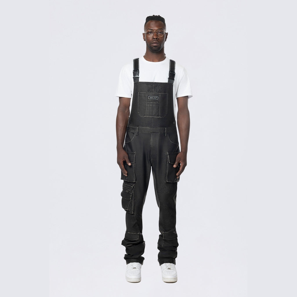 Smoke Rise Stacked Vegan Leather Overalls - Washed Black