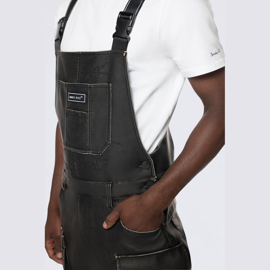 Smoke Rise Stacked Vegan Leather Overalls - Washed Black