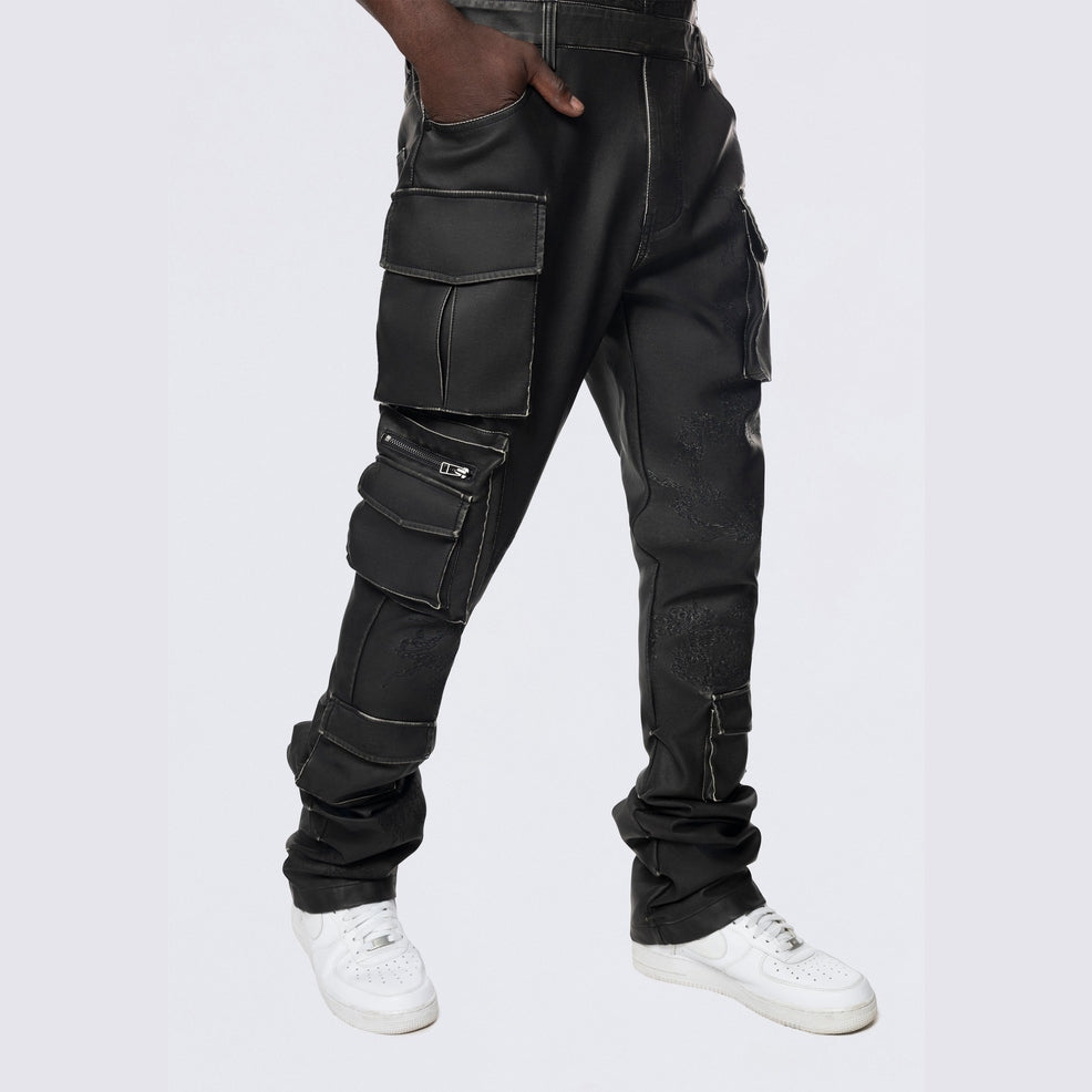 Smoke Rise Stacked Vegan Leather Overalls - Washed Black