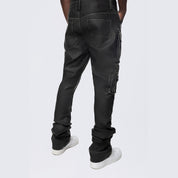 Smoke Rise Stacked Vegan Leather Overalls - Washed Black