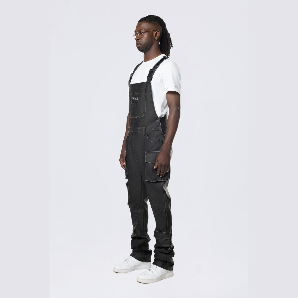 Smoke Rise Stacked Vegan Leather Overalls - Washed Black