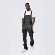 Smoke Rise Stacked Vegan Leather Overalls - Washed Black