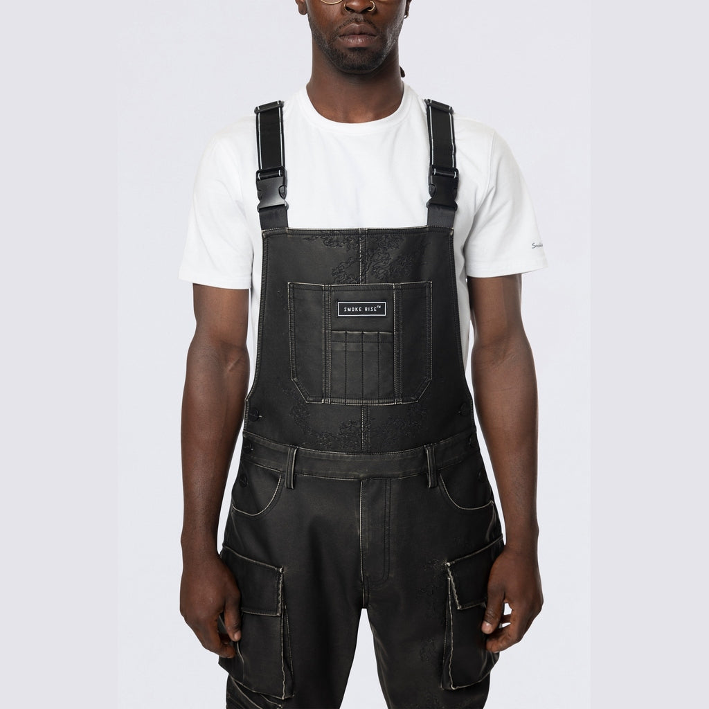 Smoke Rise Stacked Vegan Leather Overalls - Washed Black