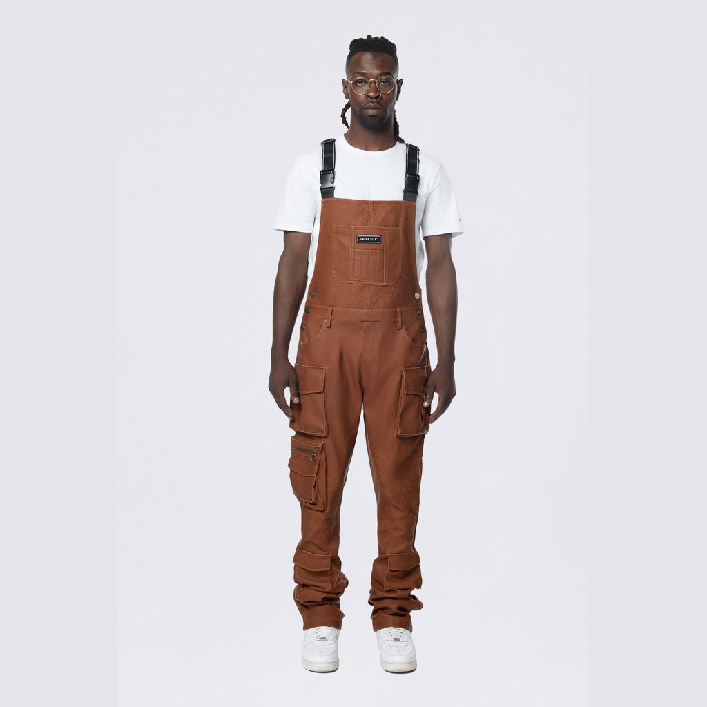 Smoke Rise Stacked Vegan Leather Overalls - Washed Brown