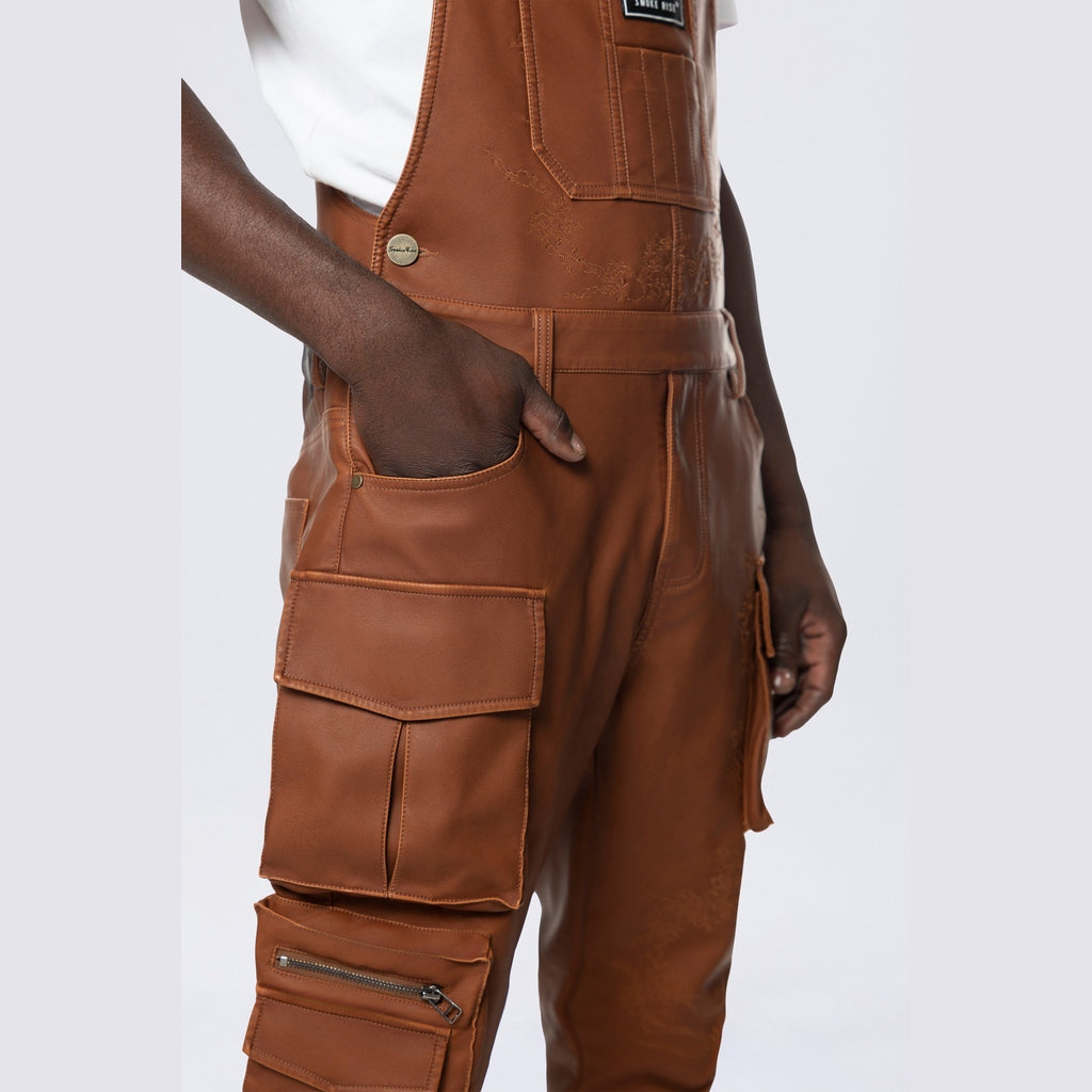 Smoke Rise Stacked Vegan Leather Overalls - Washed Brown