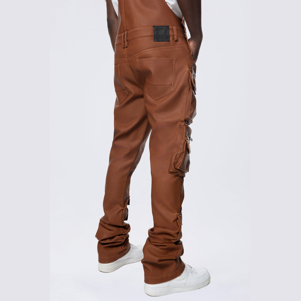 Smoke Rise Stacked Vegan Leather Overalls - Washed Brown