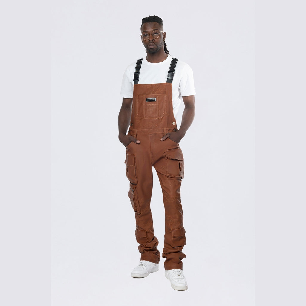 Smoke Rise Stacked Vegan Leather Overalls - Washed Brown