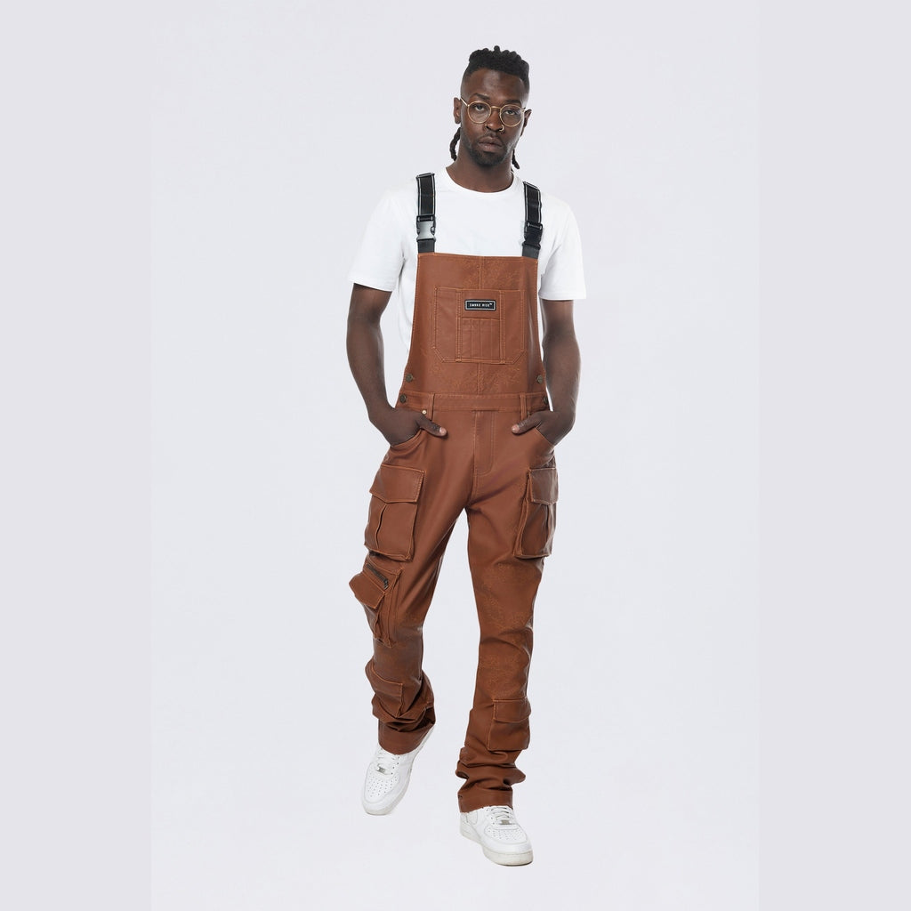 Smoke Rise Stacked Vegan Leather Overalls - Washed Brown