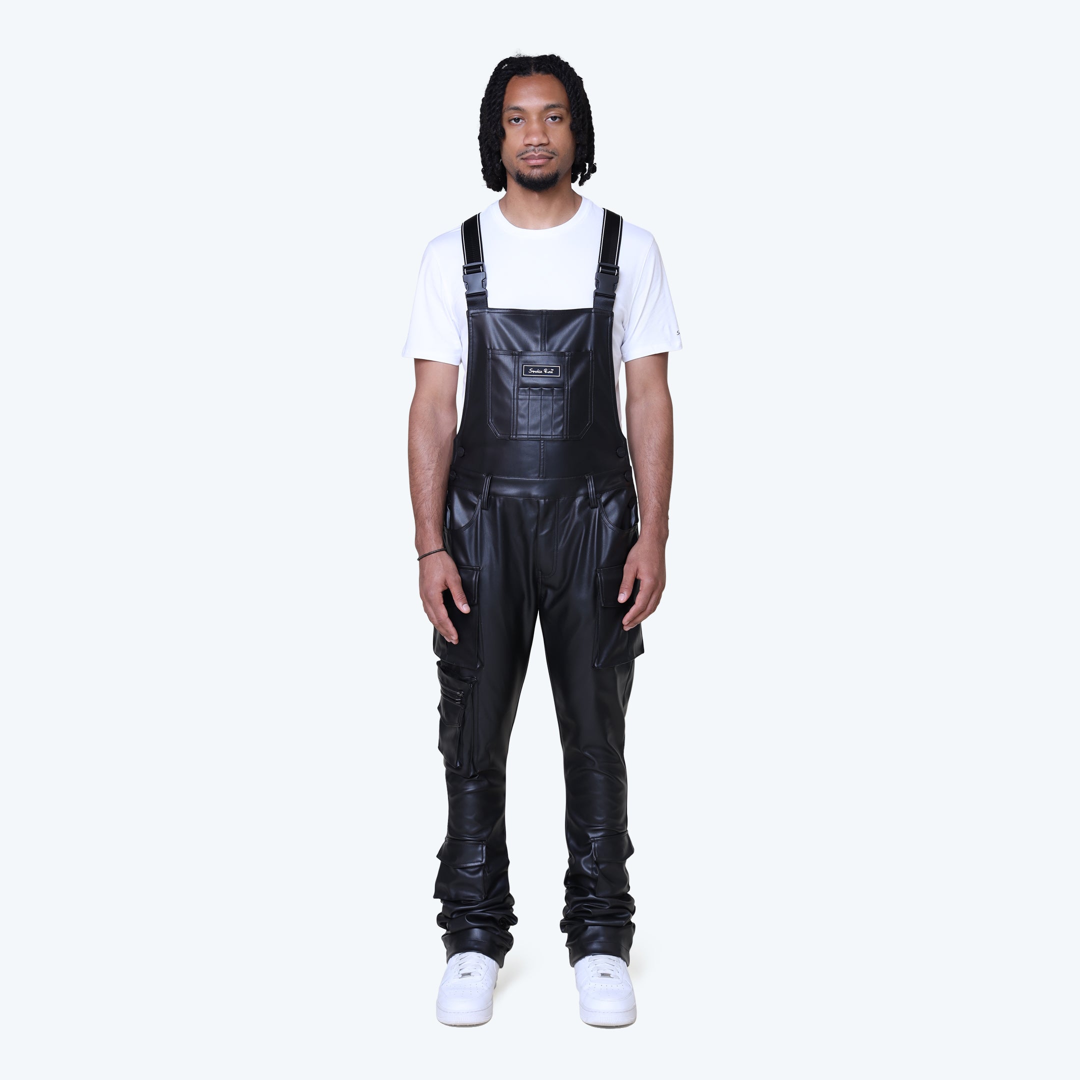 Stacked Vegan Leather Cargo Pants - Black