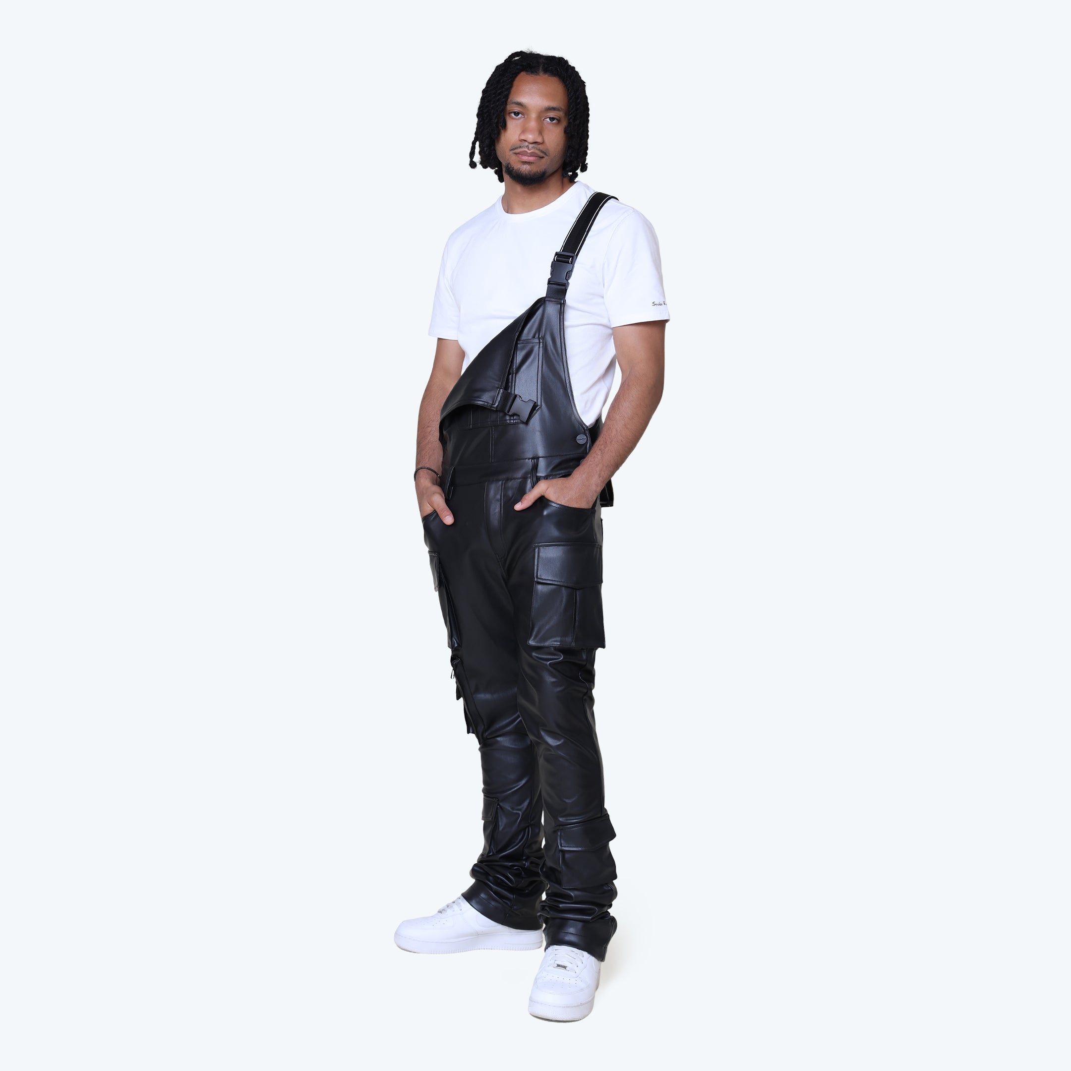 Stacked Vegan Leather Cargo Pants - Black