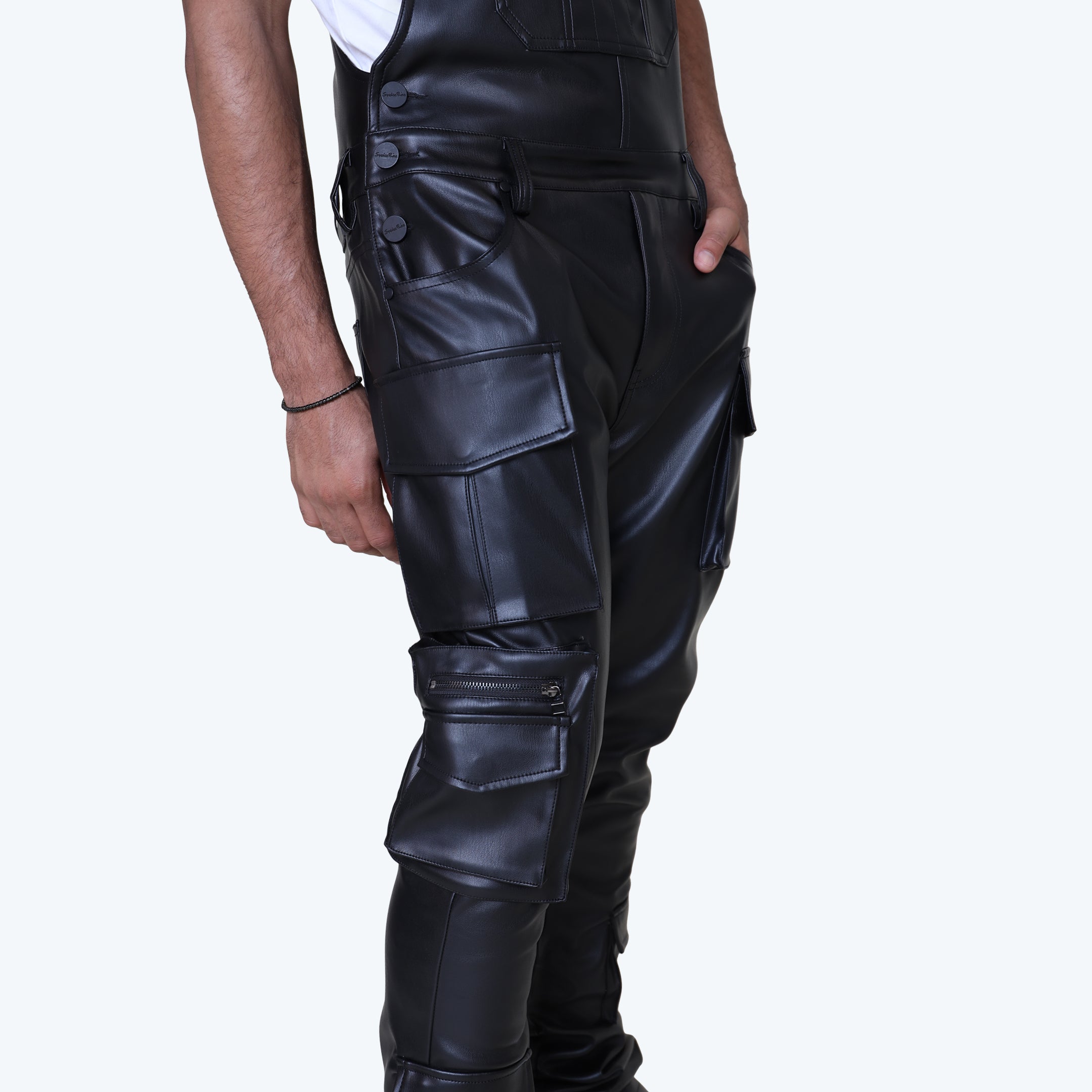 Stacked Vegan Leather Cargo Pants - Black
