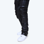 Stacked Vegan Leather Cargo Pants - Black