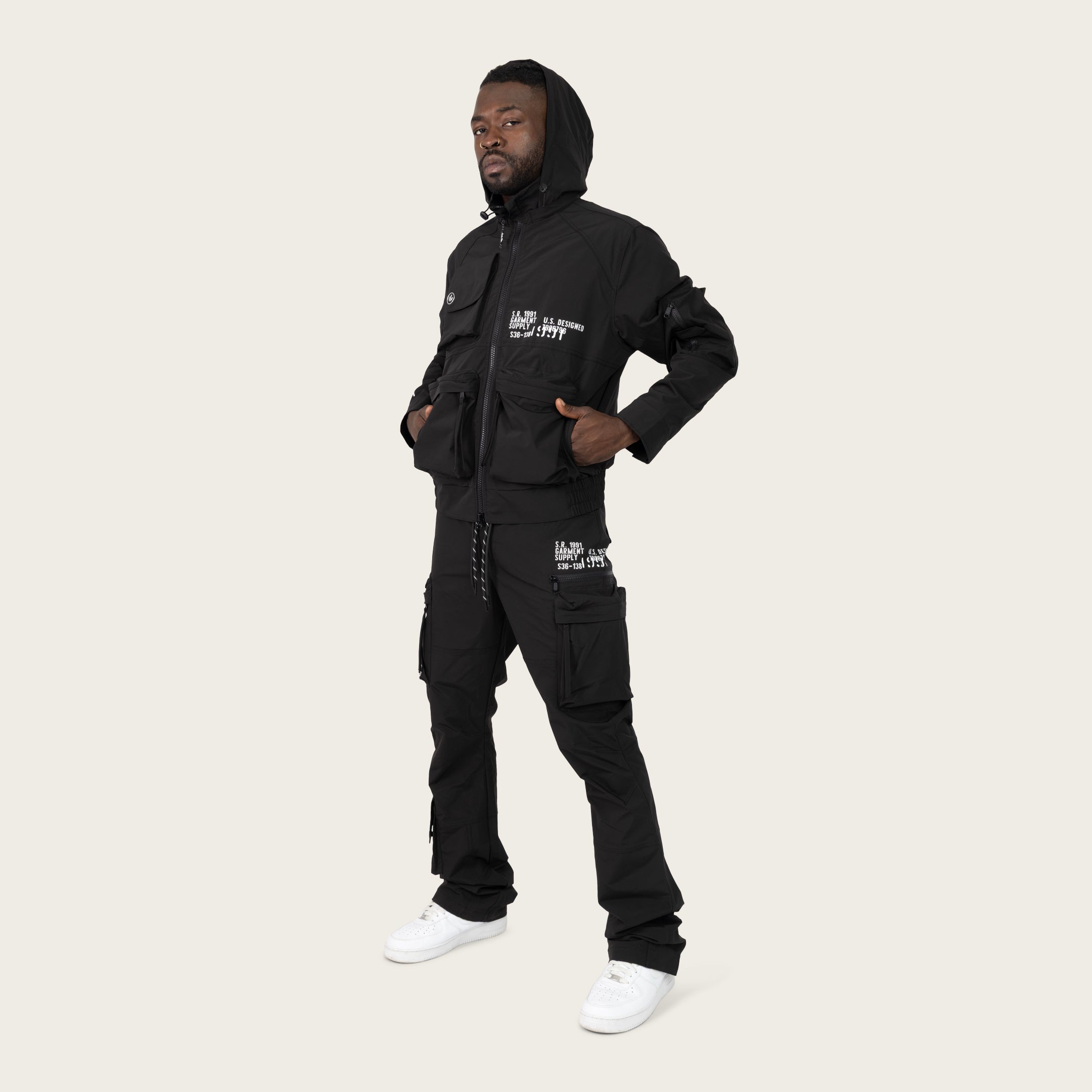 Stacked Utility Windbreaker Pants - Black