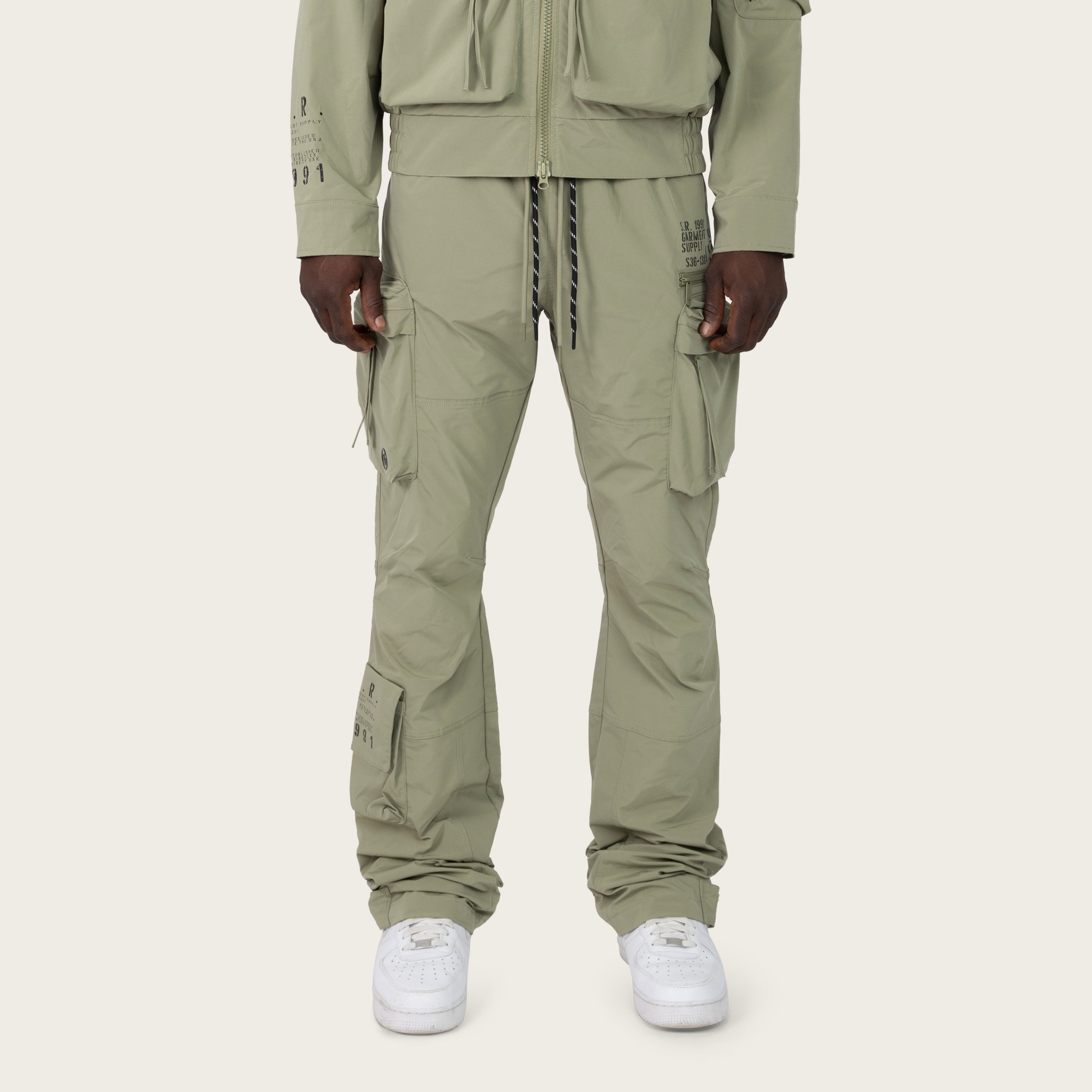 Stacked Utility Windbreaker Pants - Oil Green