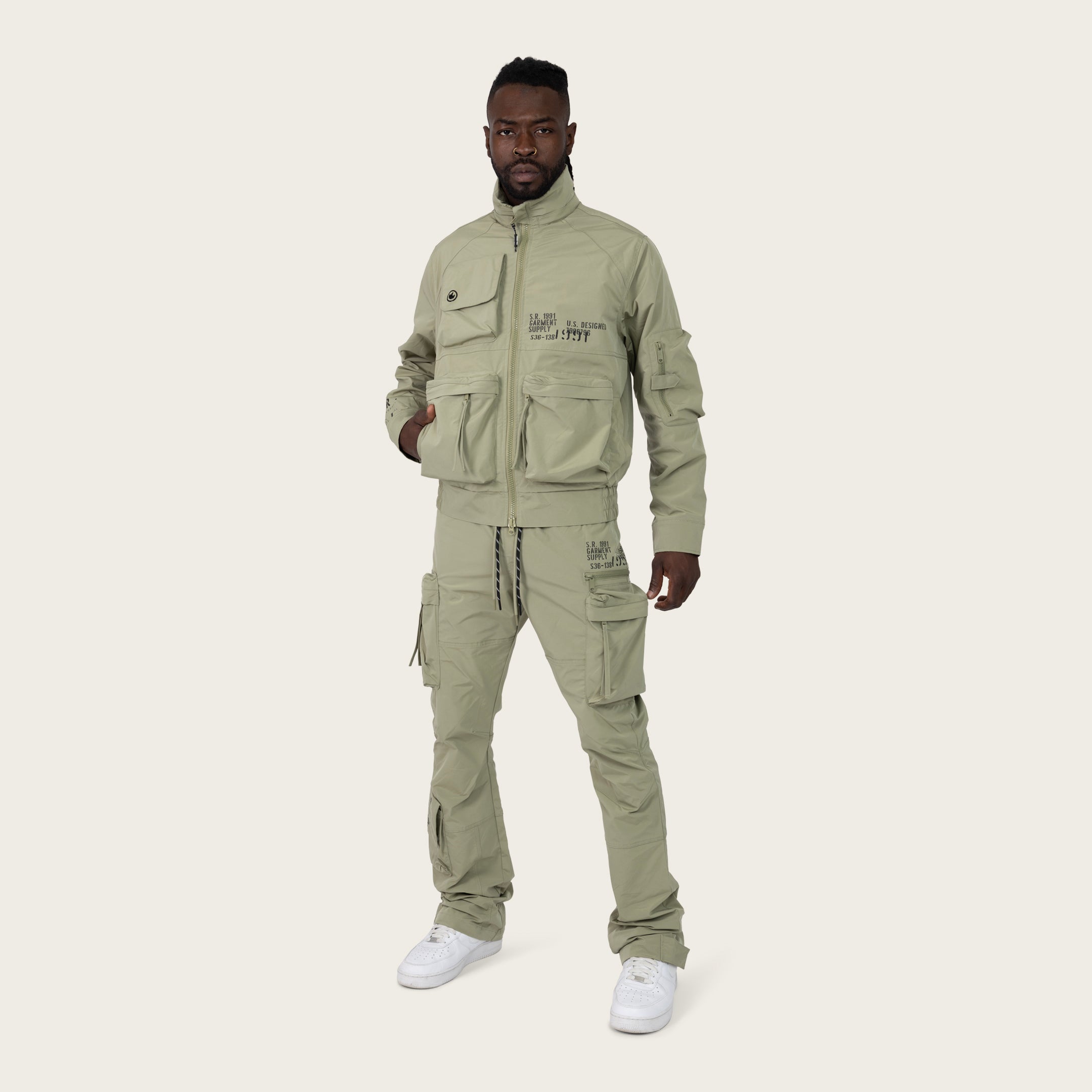 Stacked Utility Windbreaker Pants - Oil Green