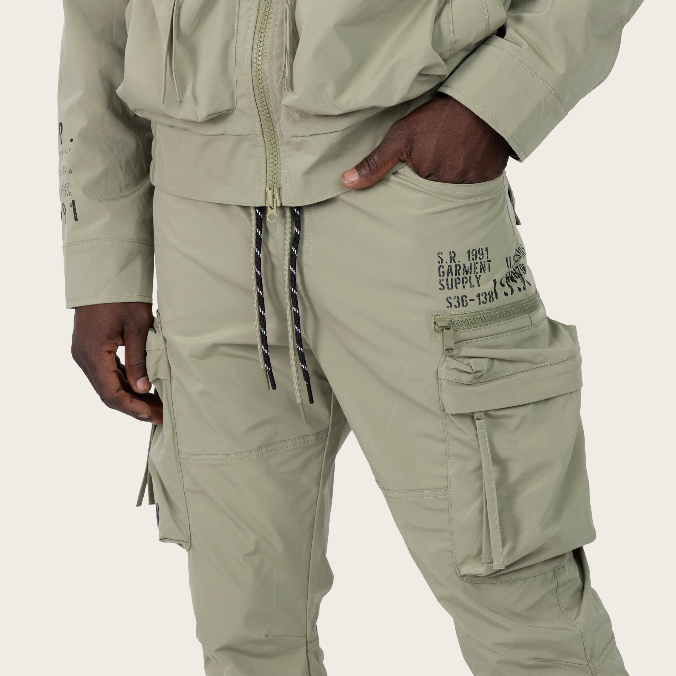 Stacked Utility Windbreaker Pants - Oil Green