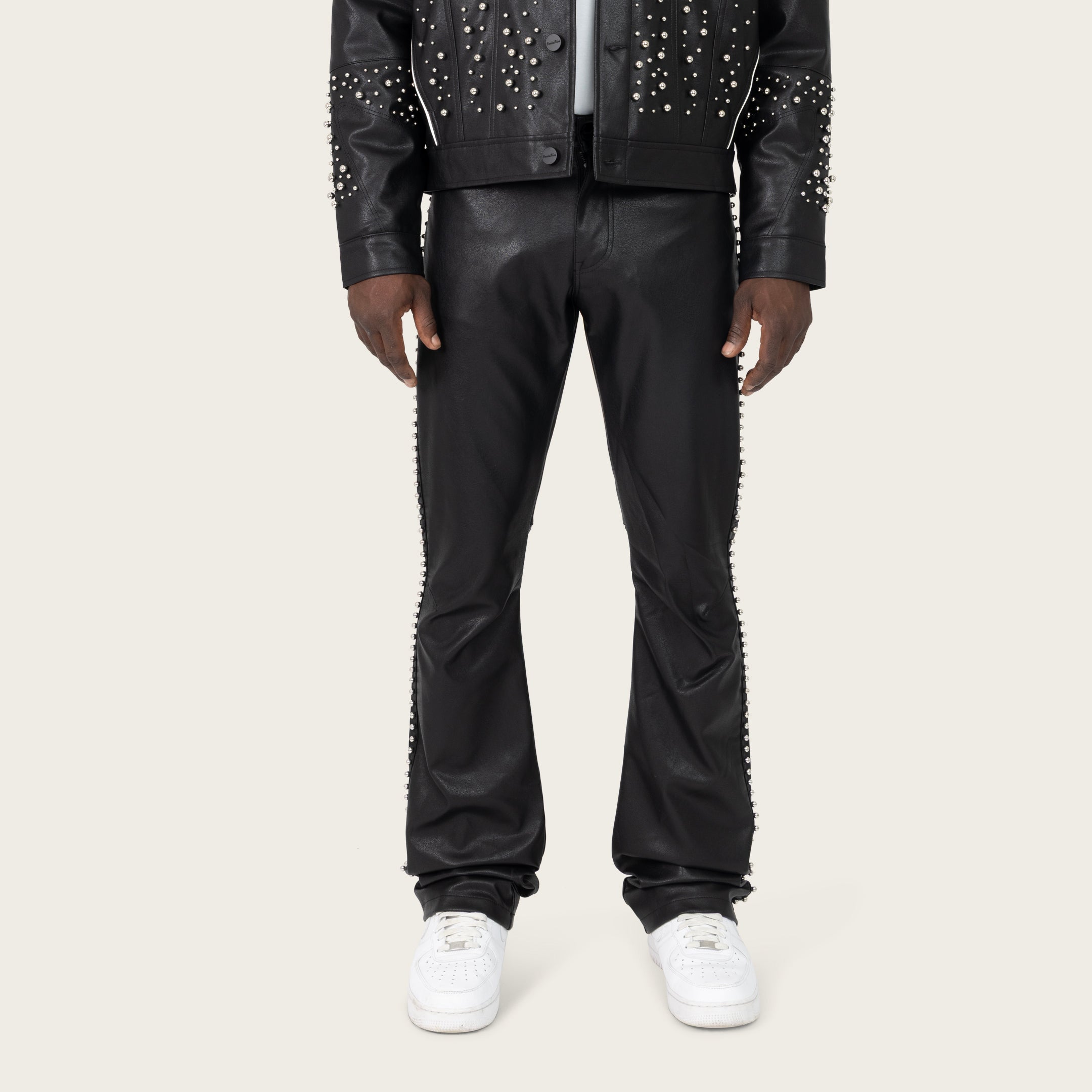 Lazy Stacked Studded Vegan Leather Pants - Black