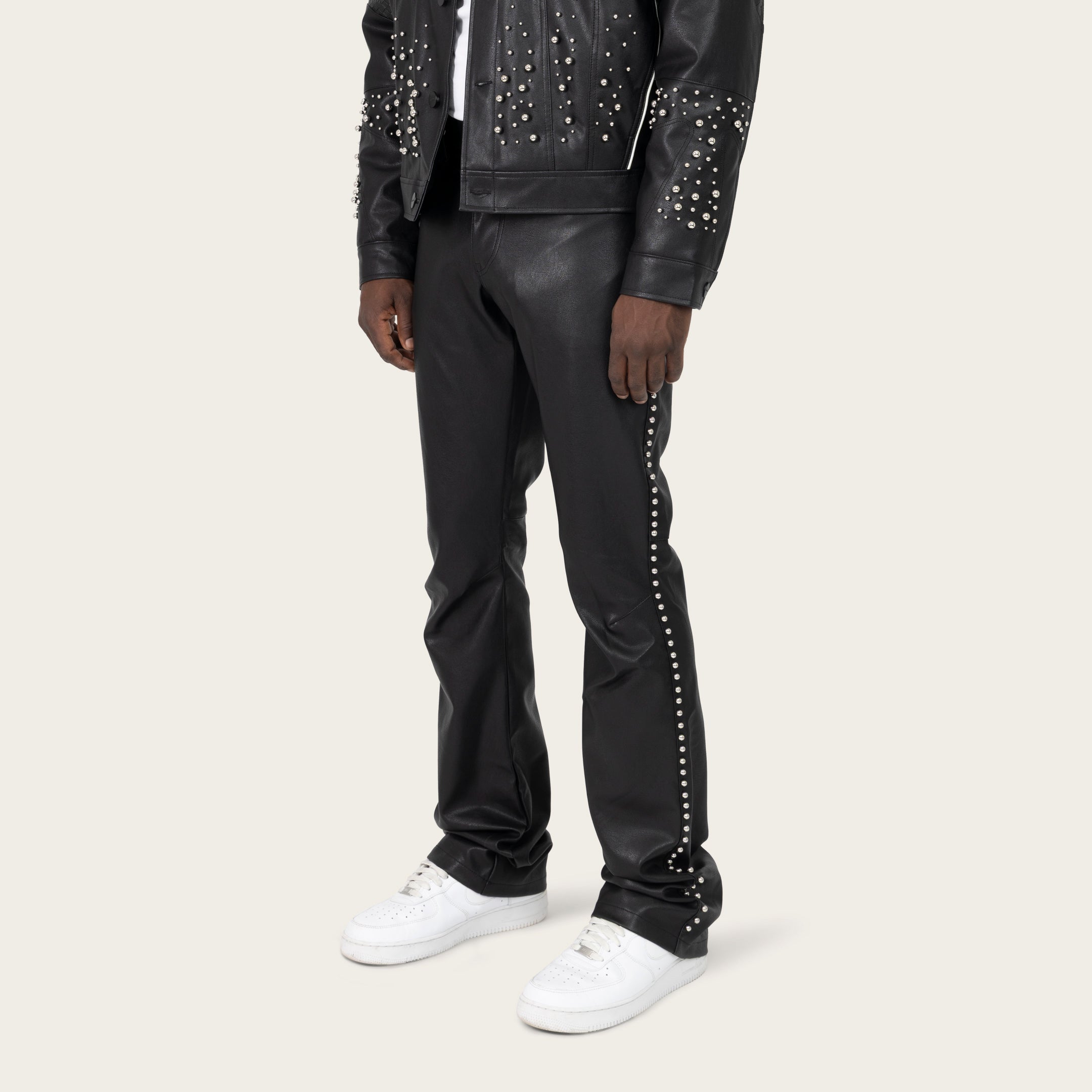 Lazy Stacked Studded Vegan Leather Pants - Black