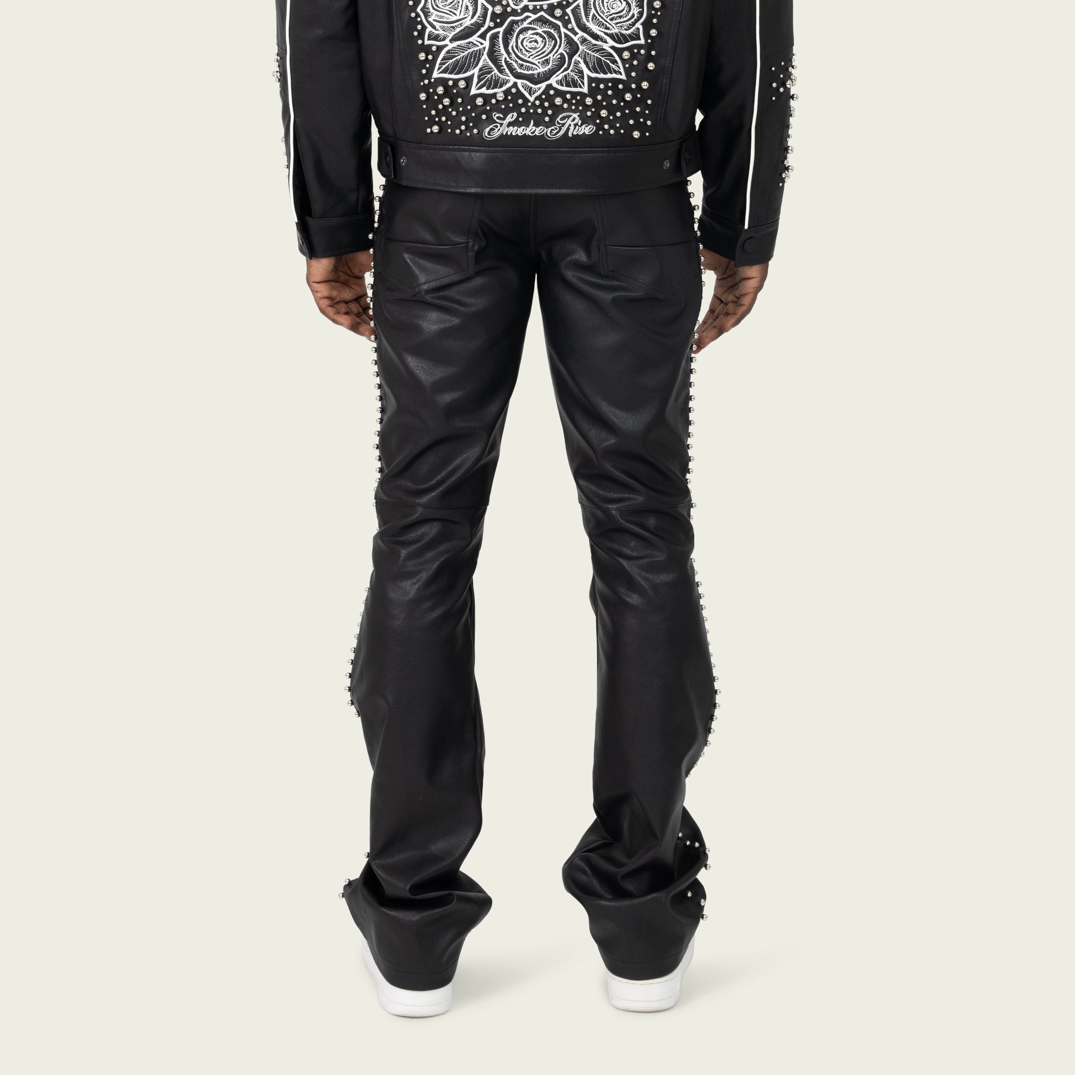 Lazy Stacked Studded Vegan Leather Pants - Black