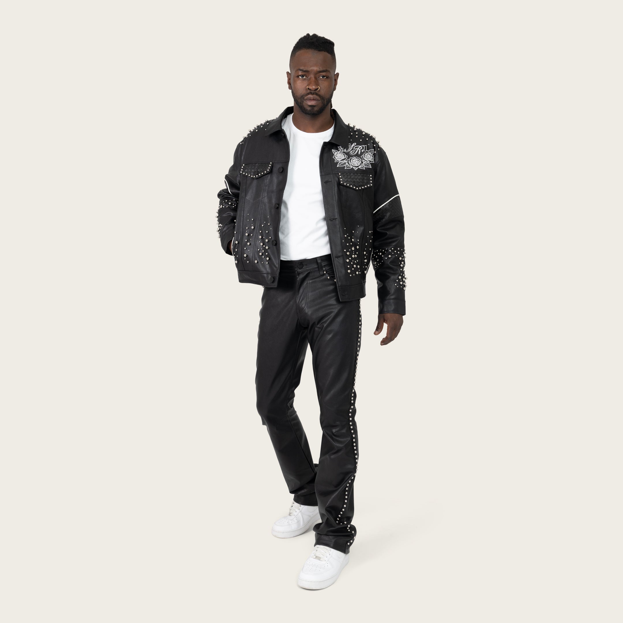 Lazy Stacked Studded Vegan Leather Pants - Black