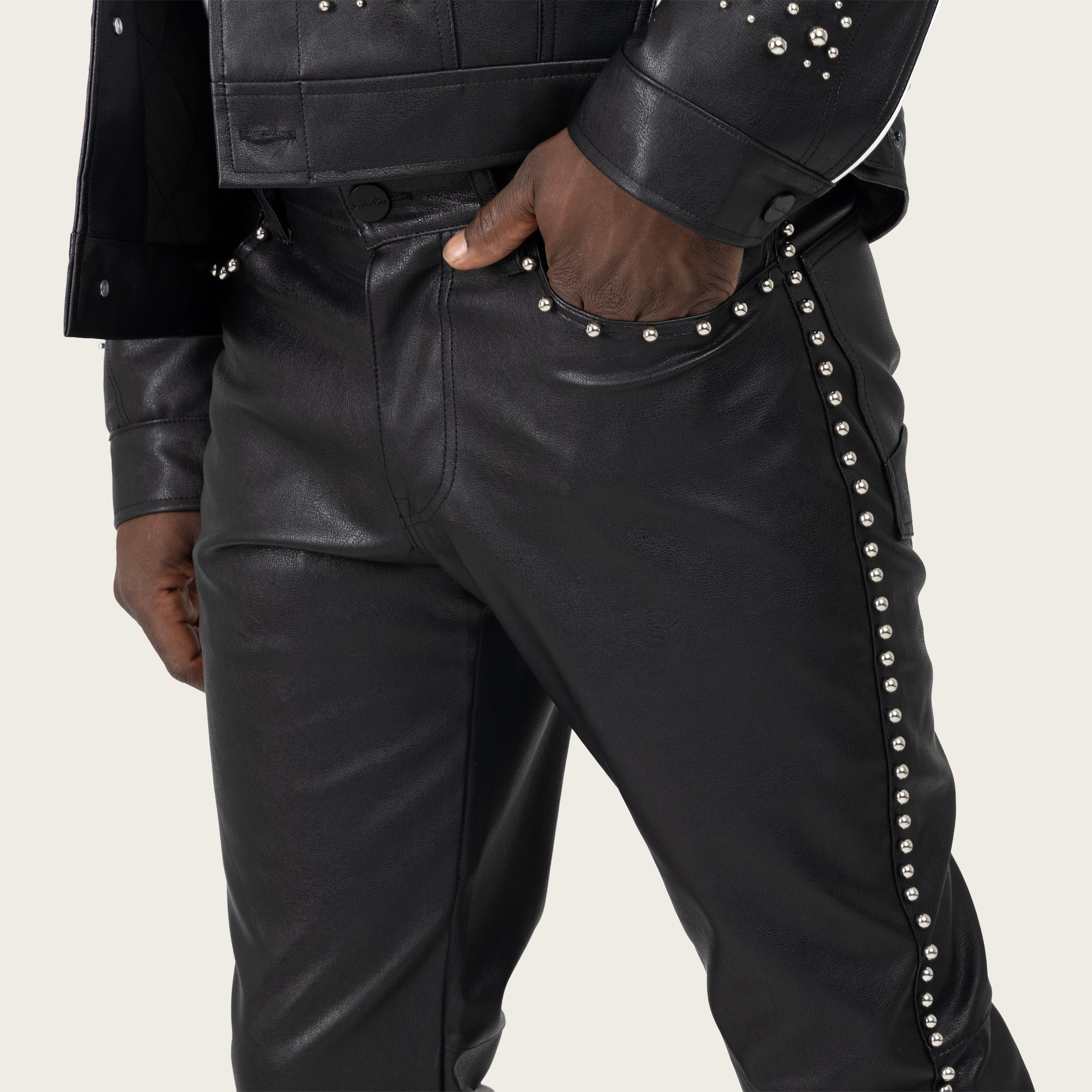 Lazy Stacked Studded Vegan Leather Pants - Black