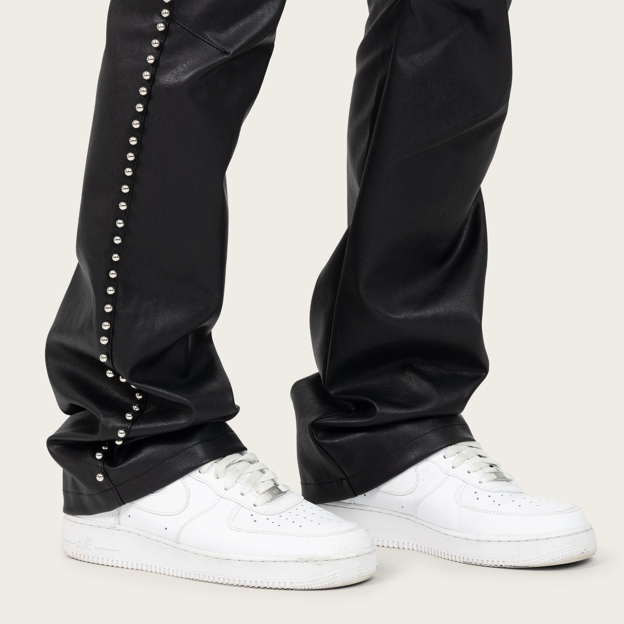 Lazy Stacked Studded Vegan Leather Pants - Black