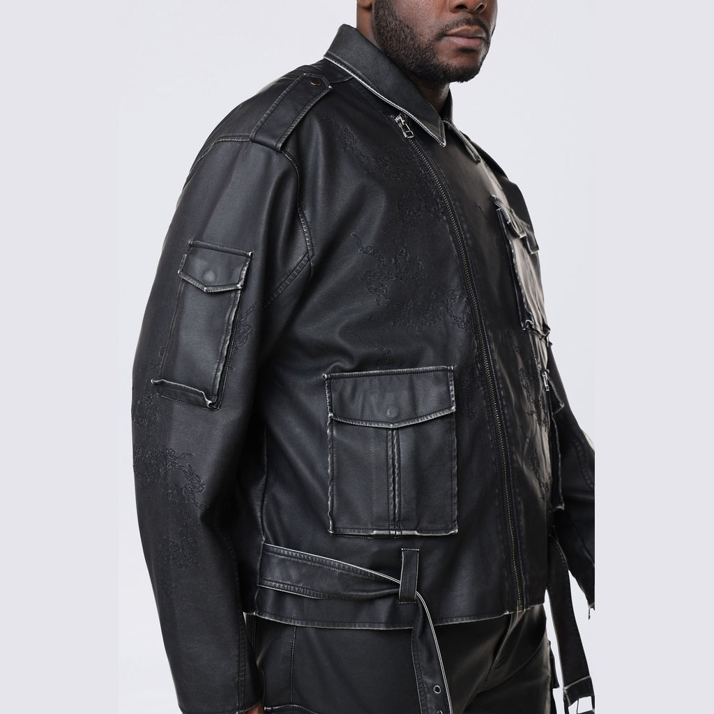 Smoke Rise Big and Tall Big and Tall - Washed Vegan Leather Biker Jacket - Washed Black