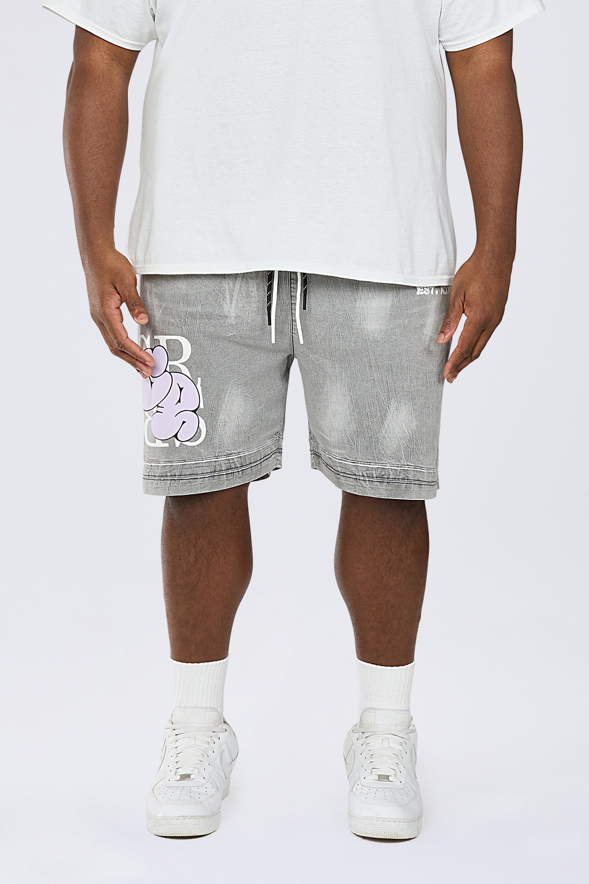 Big and Tall - Puff Printed Graphic Resort Denim Shorts - Smoke Grey
