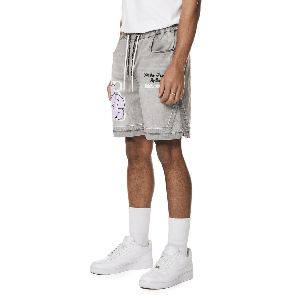 Smoke Rise Puff Printed Graphic Resort Denim Shorts - Smoke Grey
